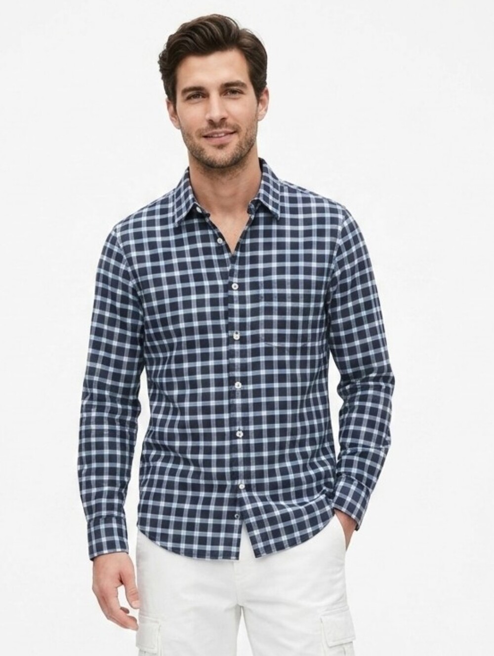 GAP Men's Navy and Light Blue Check Button-Down Shirt Sz Small NWT